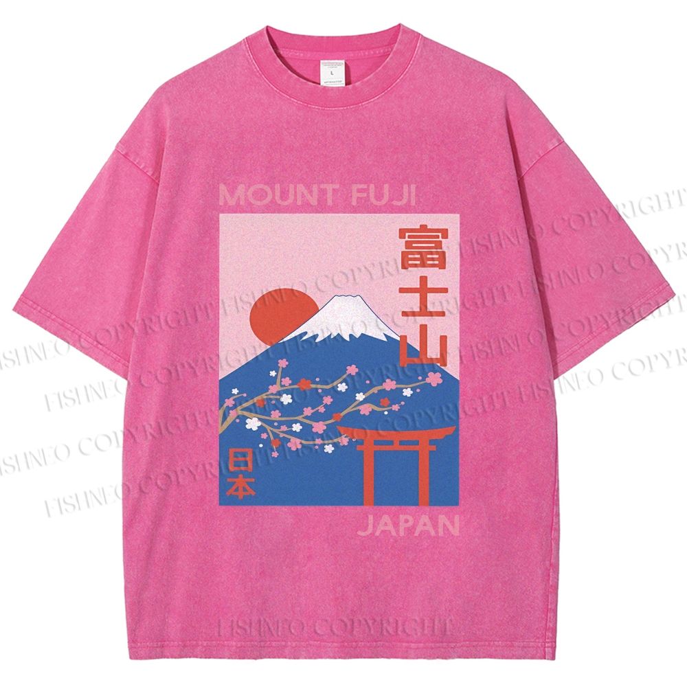 Unisex Japanese Mount Fuji Printed Washed Tee