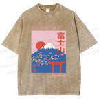 Unisex Japanese Mount Fuji Printed Washed Tee