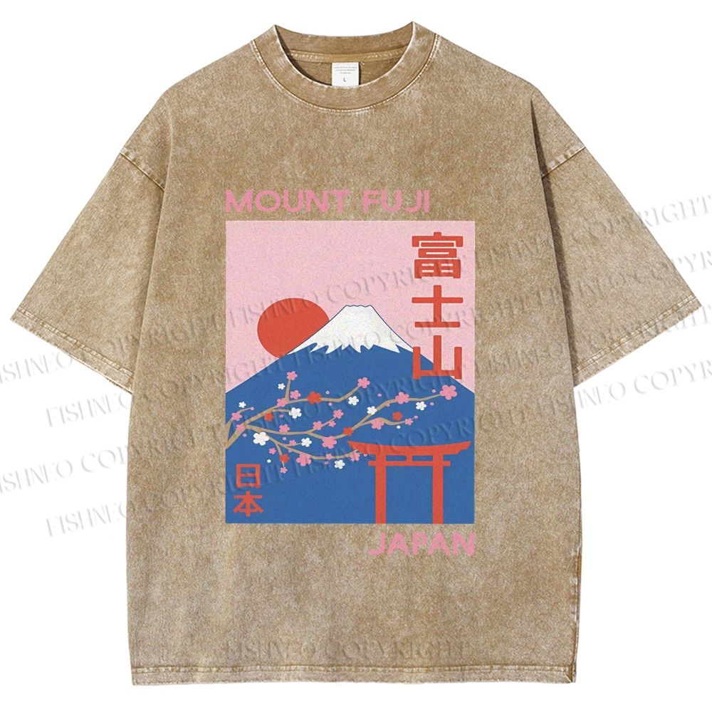 Unisex Japanese Mount Fuji Printed Washed Tee