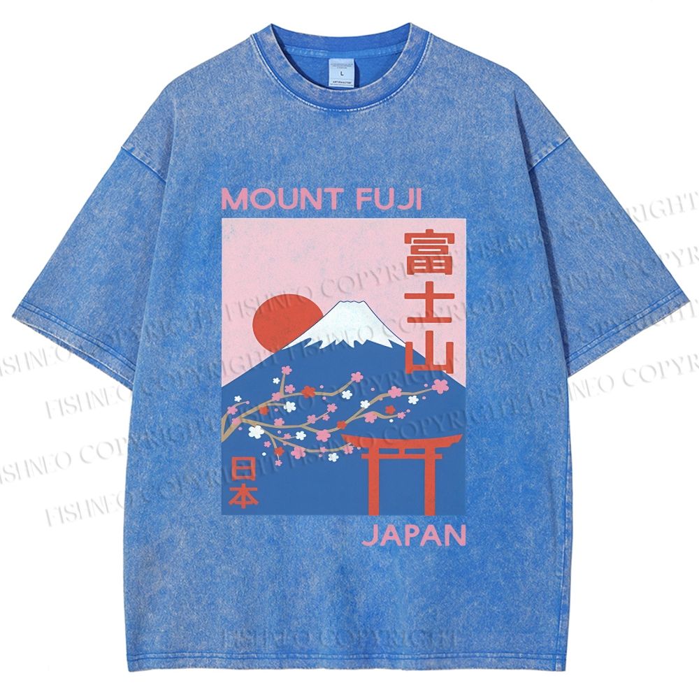 Unisex Japanese Mount Fuji Printed Washed Tee