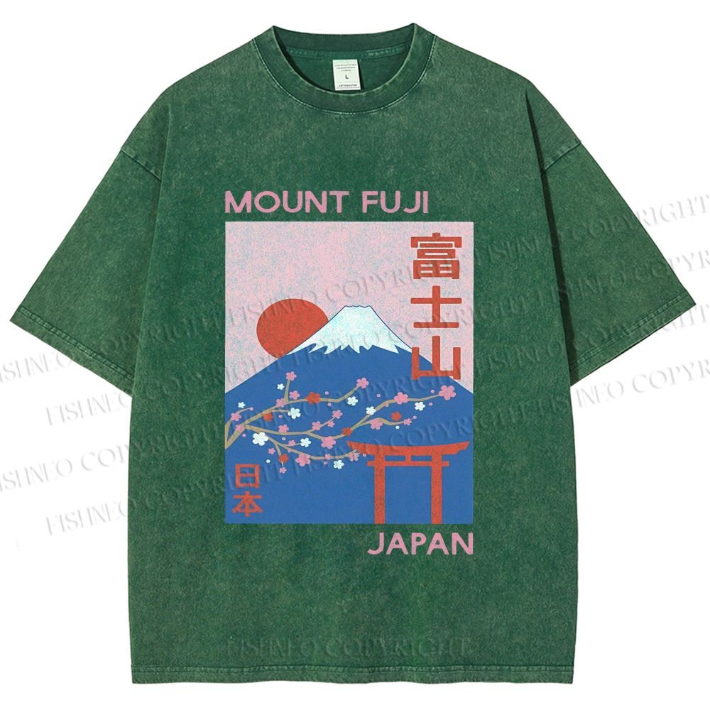 Unisex Japanese Mount Fuji Printed Washed Tee