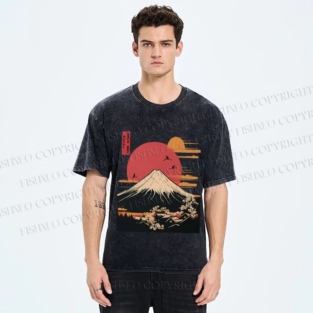 Unisex Japanese Mount Fuji Printed Washed Tee