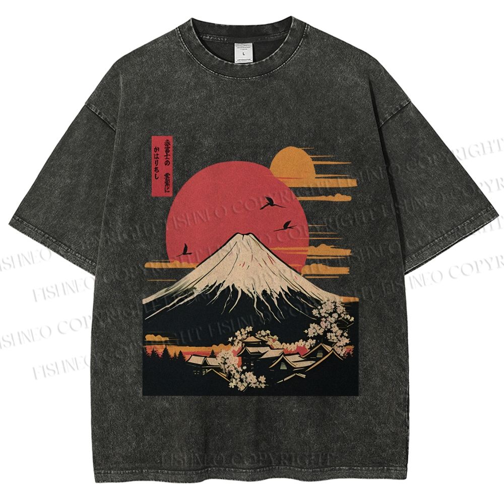 Unisex Japanese Mount Fuji Printed Washed Tee