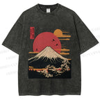 Unisex Japanese Mount Fuji Printed Washed Tee