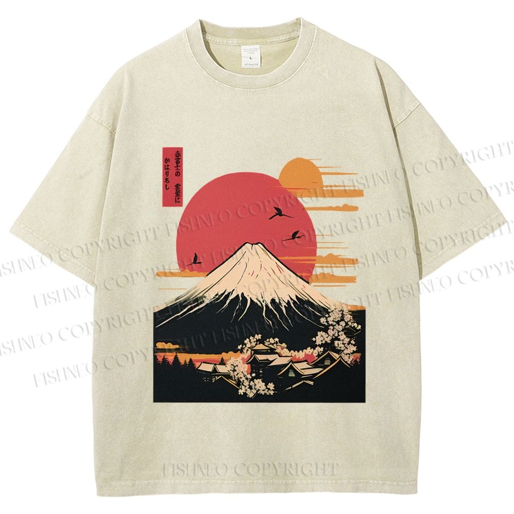 Unisex Japanese Mount Fuji Printed Washed Tee