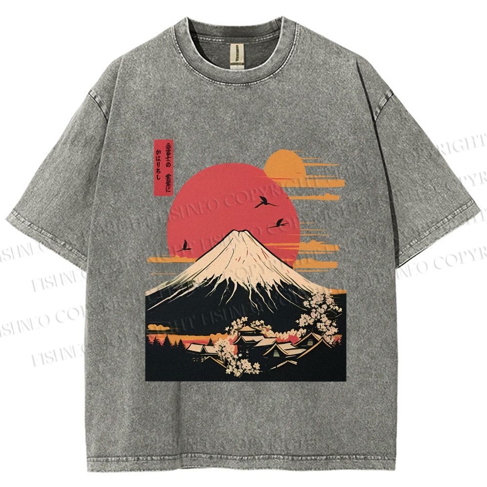 Unisex Japanese Mount Fuji Printed Washed Tee