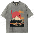 Unisex Japanese Mount Fuji Printed Washed Tee