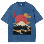 Unisex Japanese Mount Fuji Printed Washed Tee