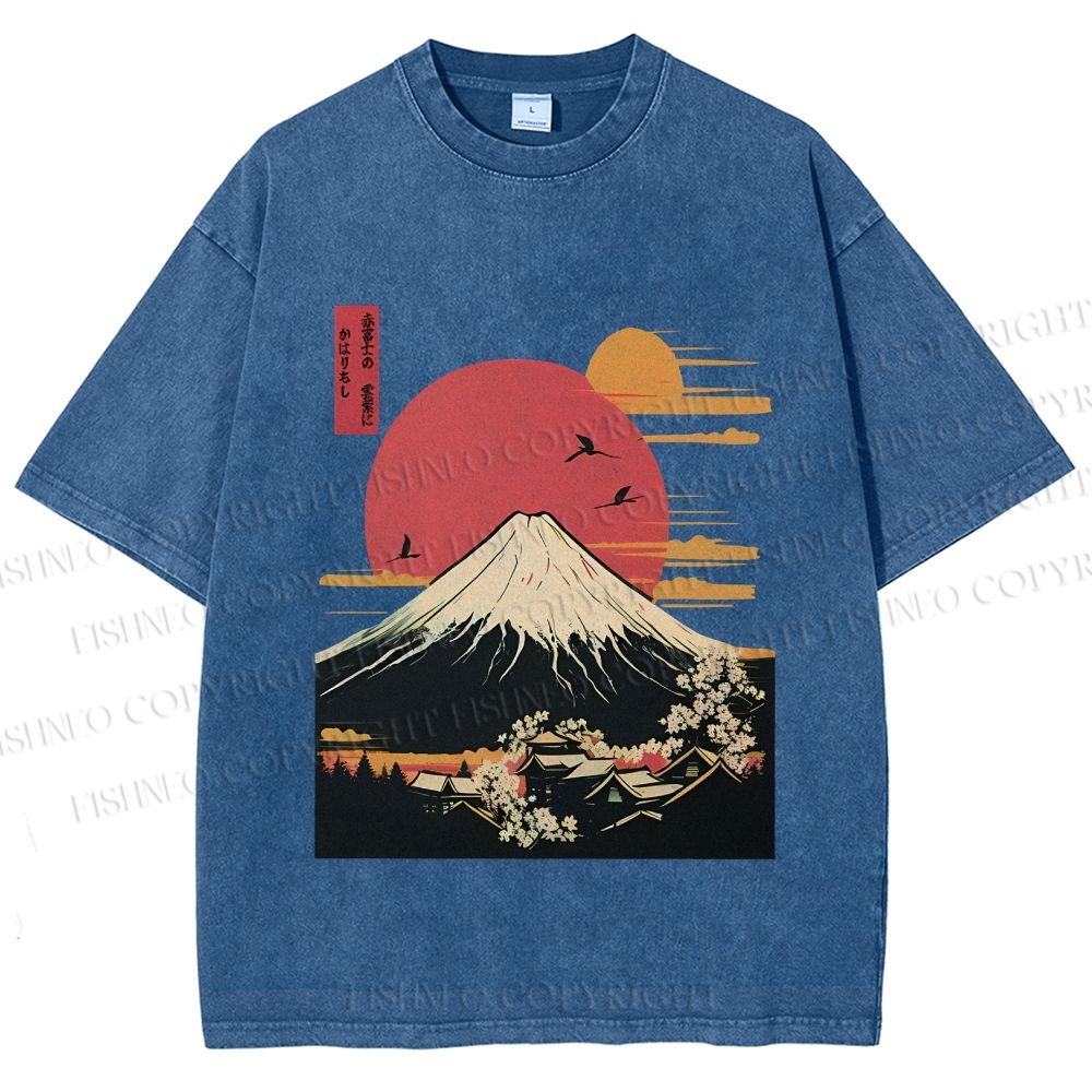 Unisex Japanese Mount Fuji Printed Washed Tee