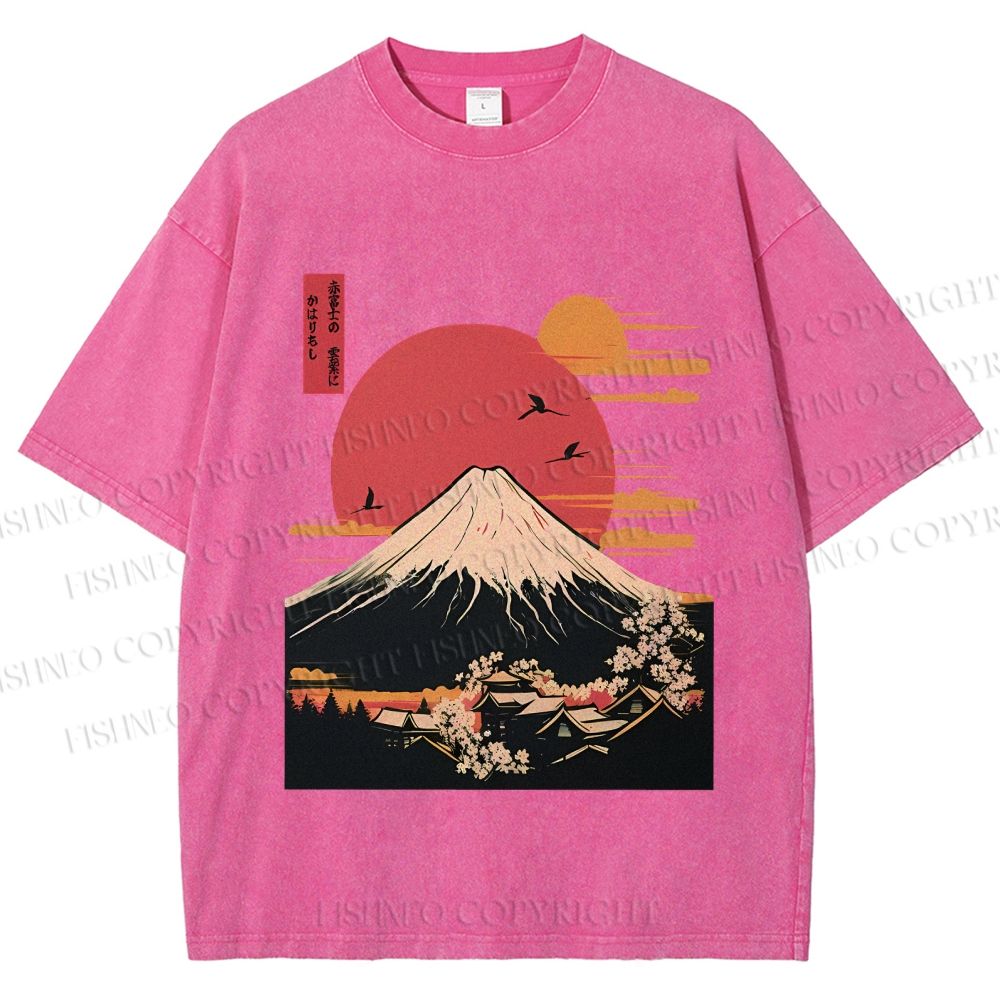 Unisex Japanese Mount Fuji Printed Washed Tee
