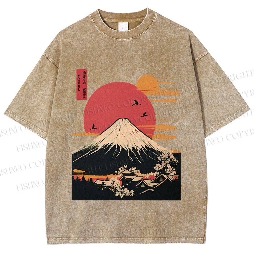 Unisex Japanese Mount Fuji Printed Washed Tee