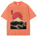 Unisex Japanese Mount Fuji Printed Washed Tee