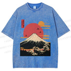 Unisex Japanese Mount Fuji Printed Washed Tee