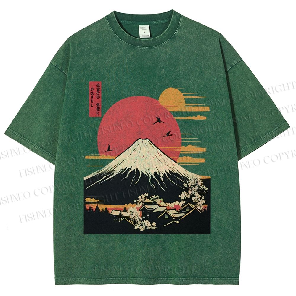 Unisex Japanese Mount Fuji Printed Washed Tee