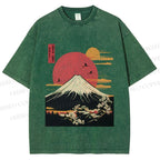 Unisex Japanese Mount Fuji Printed Washed Tee
