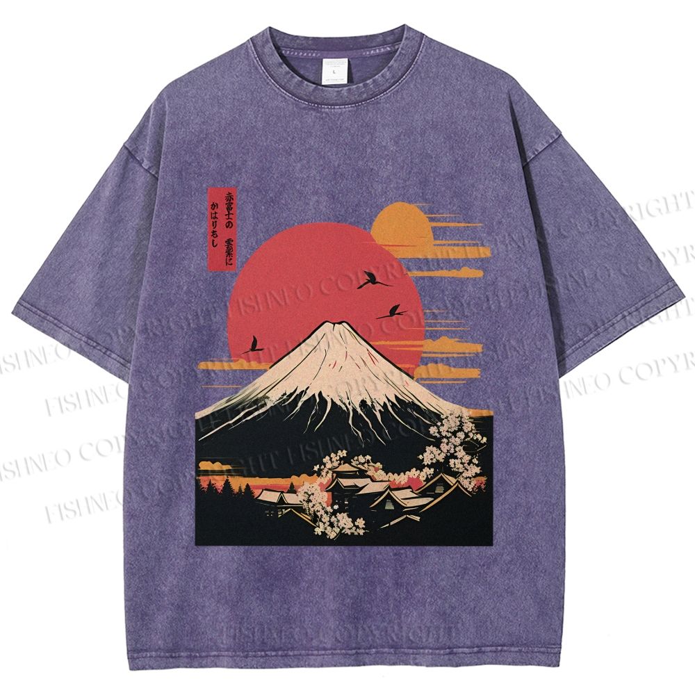 Unisex Japanese Mount Fuji Printed Washed Tee