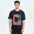Unisex Vintage Cat Godzilla Catzilla Printed Washed Tee