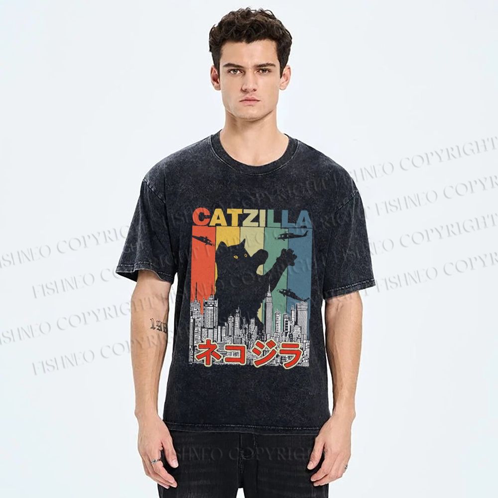Unisex Vintage Cat Godzilla Catzilla Printed Washed Tee