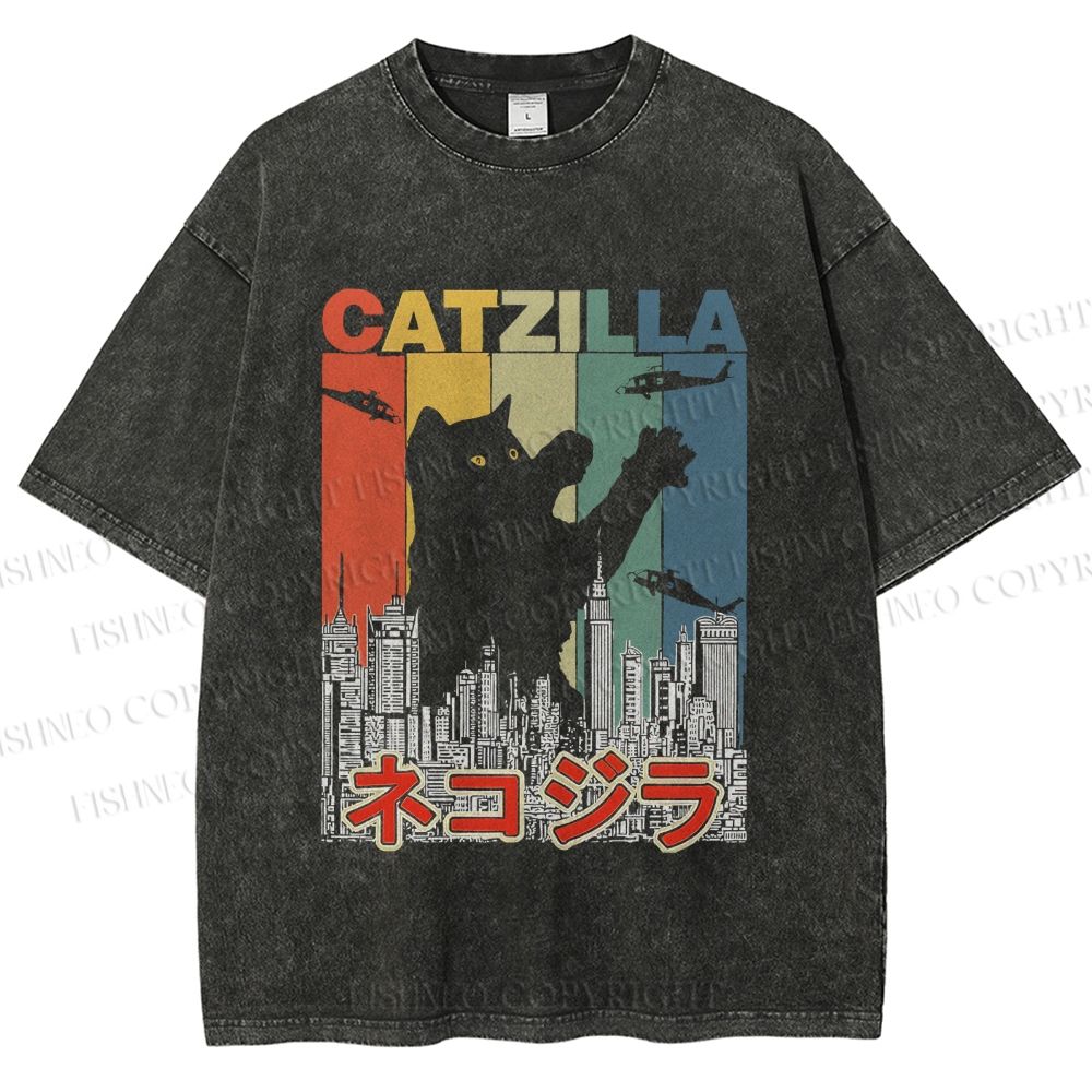 Unisex Vintage Cat Godzilla Catzilla Printed Washed Tee