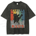 Unisex Vintage Cat Godzilla Catzilla Printed Washed Tee