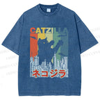 Unisex Vintage Cat Godzilla Catzilla Printed Washed Tee
