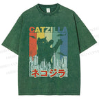 Unisex Vintage Cat Godzilla Catzilla Printed Washed Tee