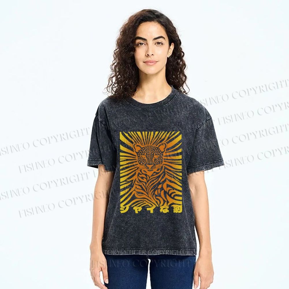 Unisex Japanese Shy Leopard Printed Washed Tee