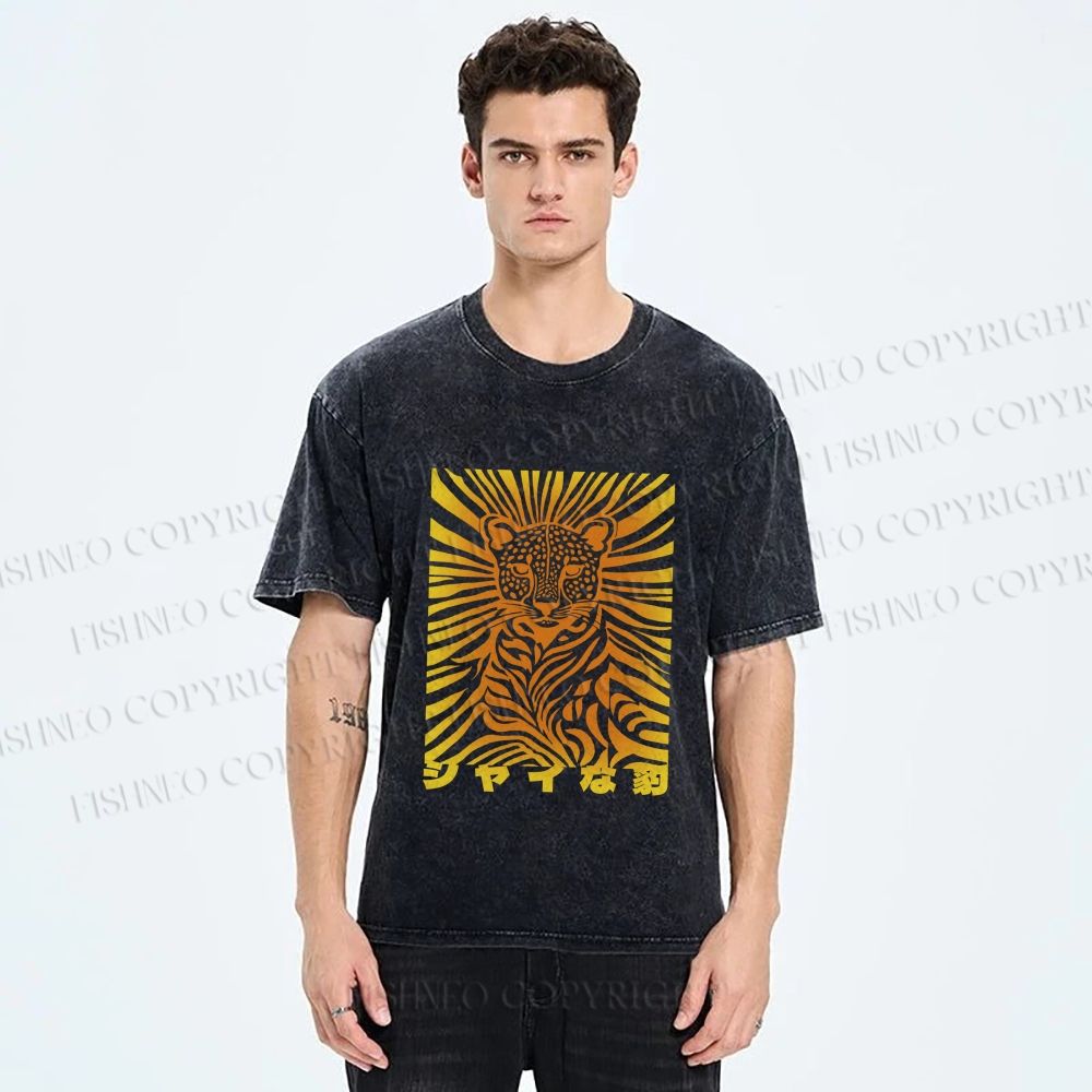 Unisex Japanese Shy Leopard Printed Washed Tee