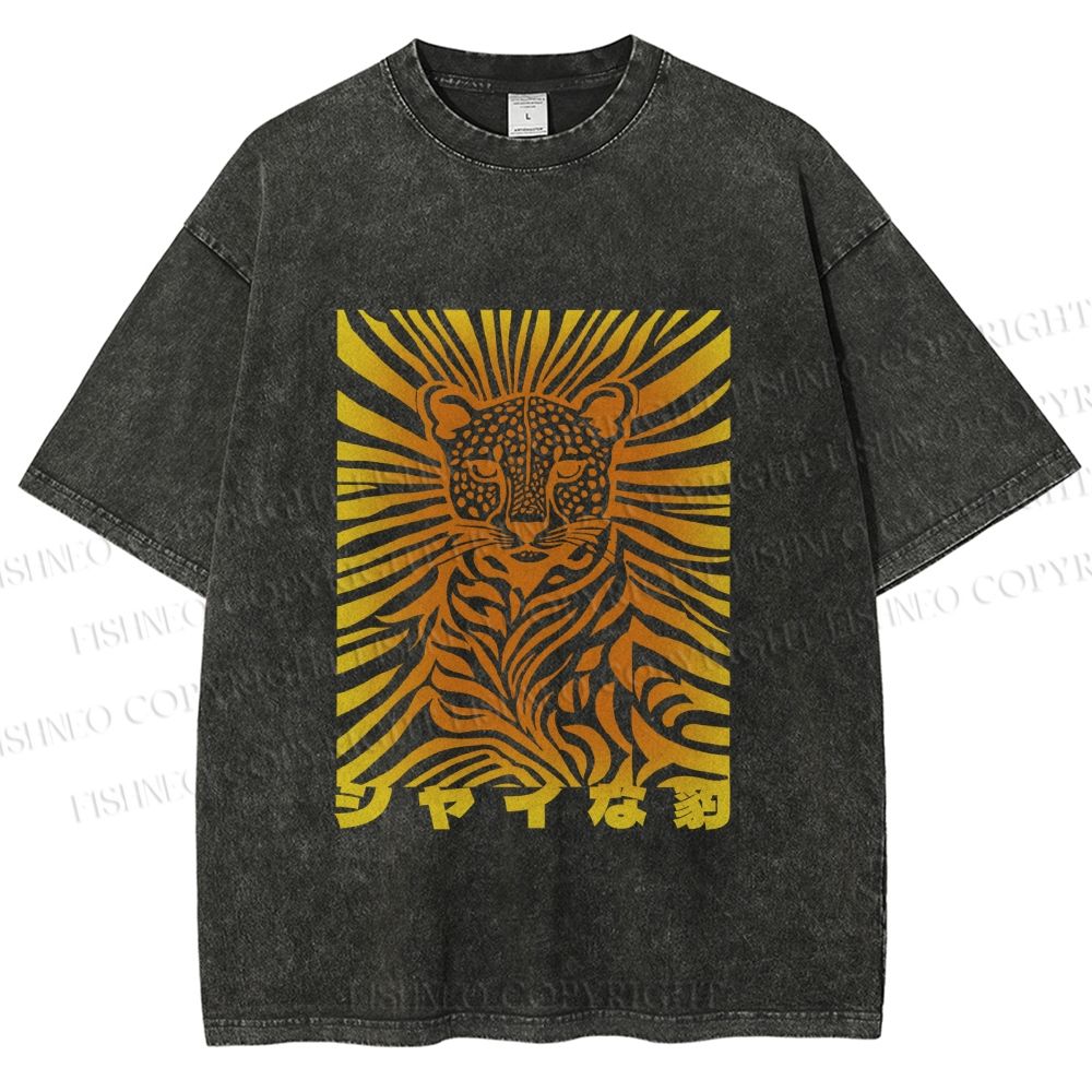 Unisex Japanese Shy Leopard Printed Washed Tee