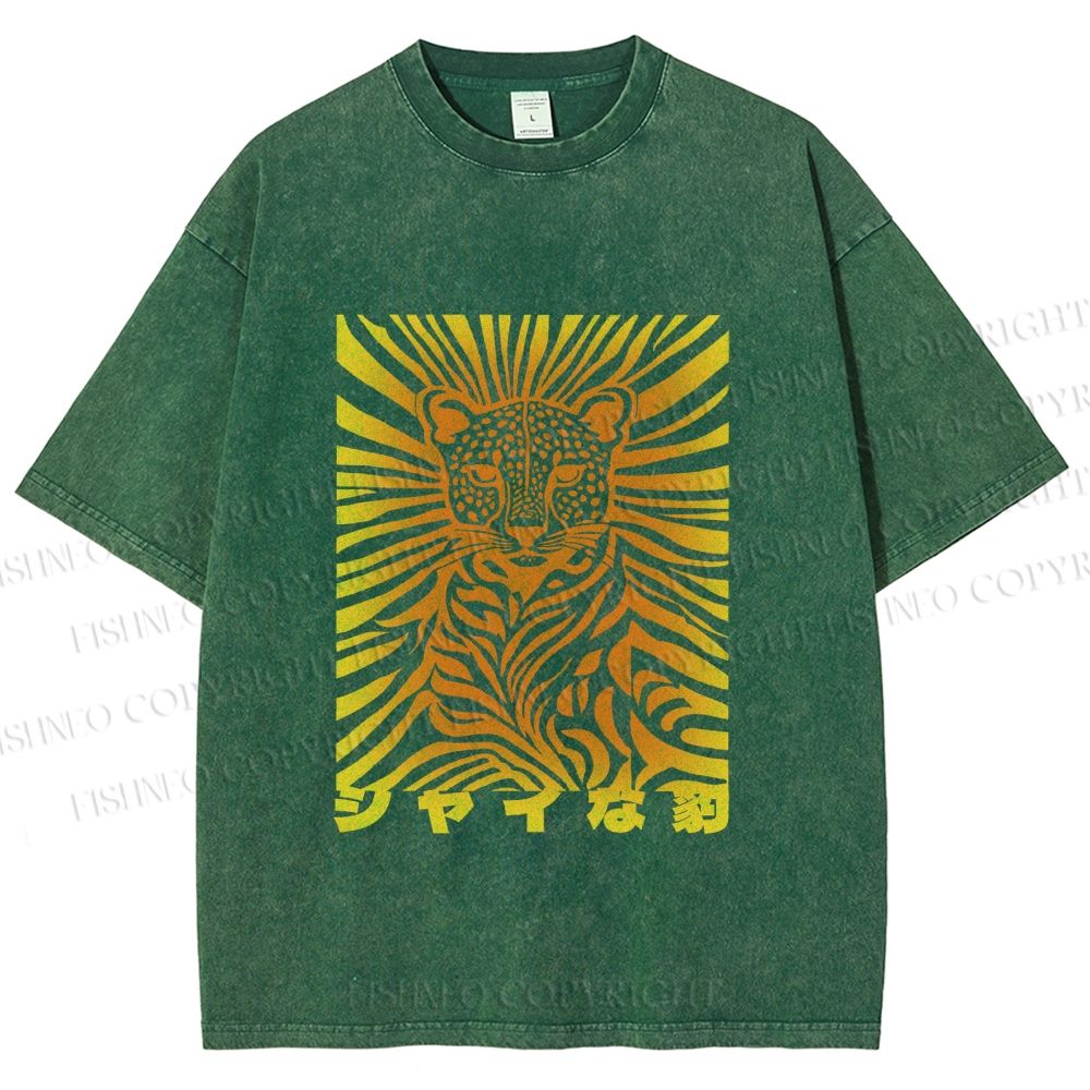 Unisex Japanese Shy Leopard Printed Washed Tee