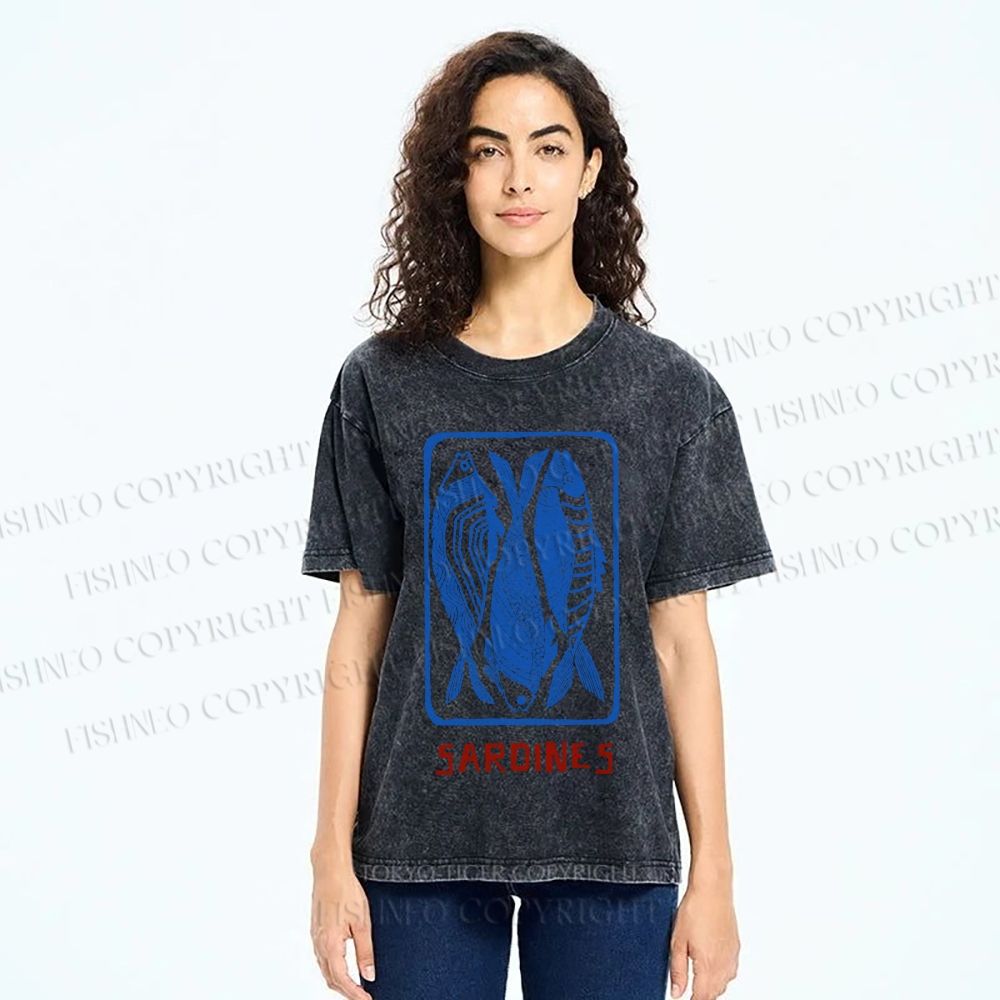 Unisex Vintage Style Sardines Fish Printed Washed Tee