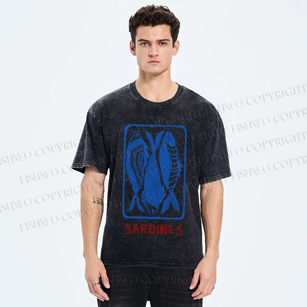 Unisex Vintage Style Sardines Fish Printed Washed Tee