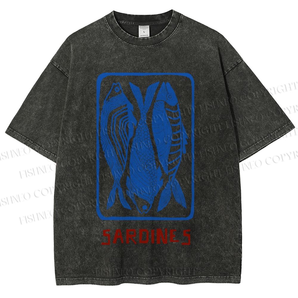 Unisex Vintage Style Sardines Fish Printed Washed Tee
