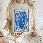 Unisex Vintage Style Sardines Fish Printed Washed Tee