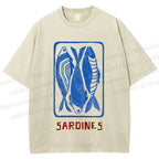 Unisex Vintage Style Sardines Fish Printed Washed Tee