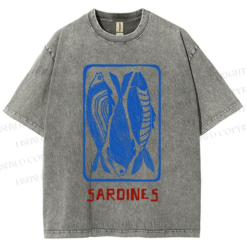Unisex Vintage Style Sardines Fish Printed Washed Tee