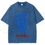 Unisex Vintage Style Sardines Fish Printed Washed Tee