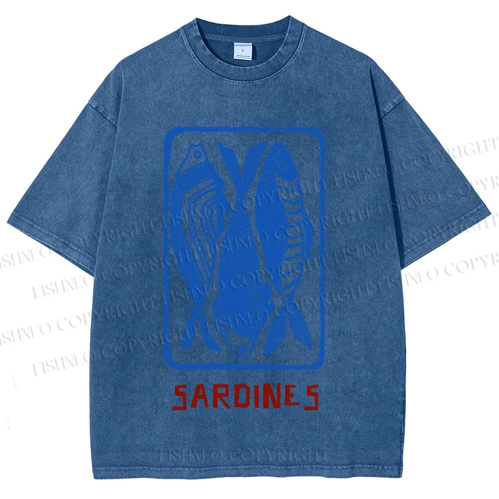 Unisex Vintage Style Sardines Fish Printed Washed Tee
