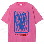Unisex Vintage Style Sardines Fish Printed Washed Tee