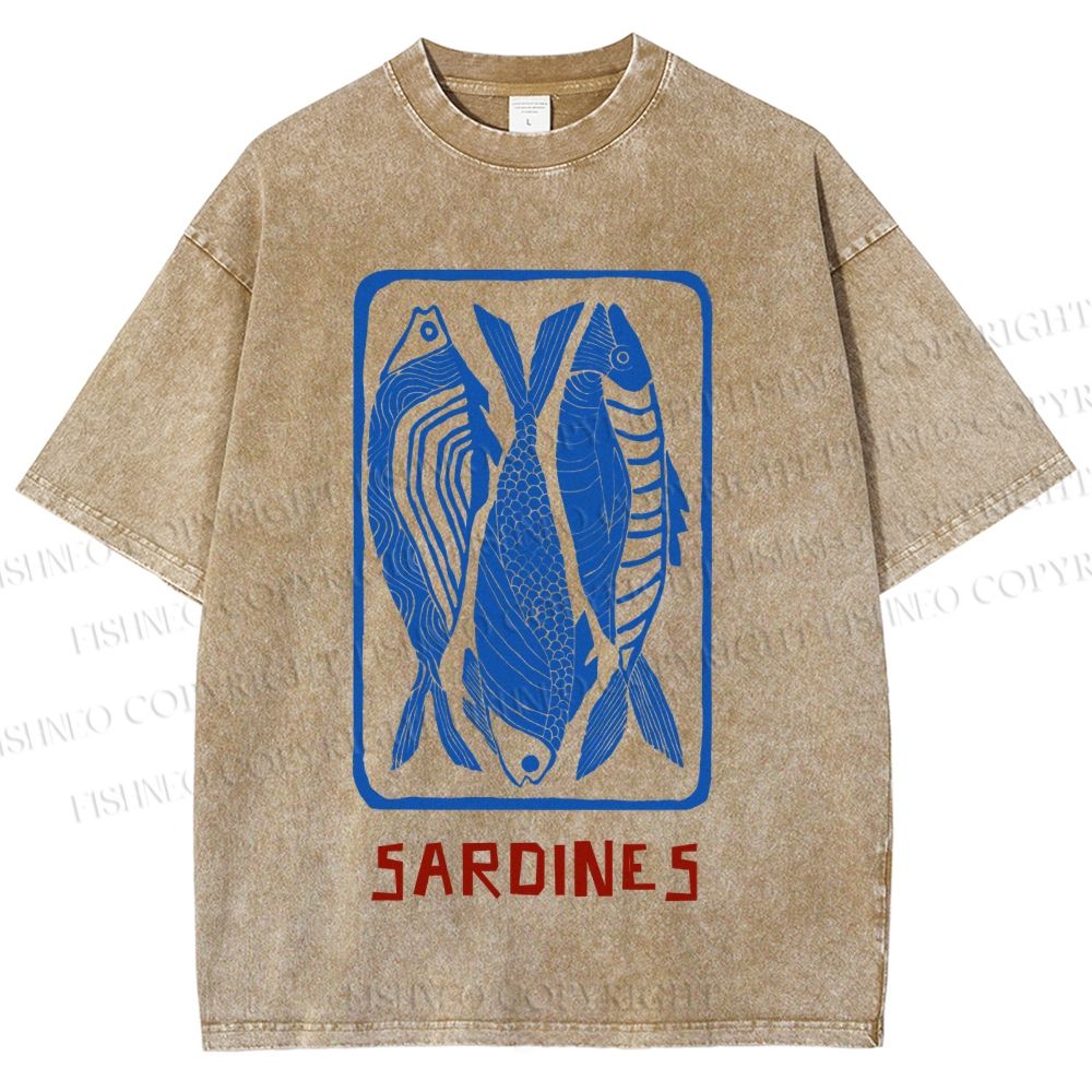 Unisex Vintage Style Sardines Fish Printed Washed Tee