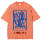 Unisex Vintage Style Sardines Fish Printed Washed Tee