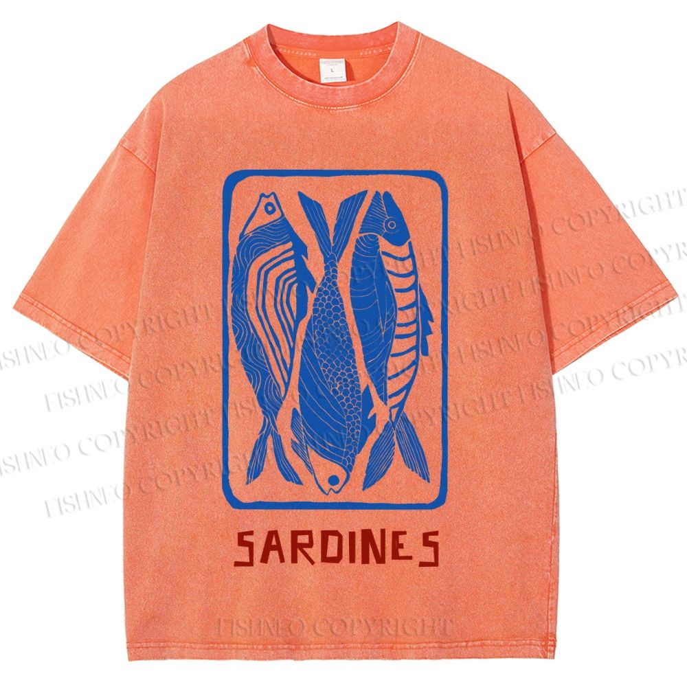 Unisex Vintage Style Sardines Fish Printed Washed Tee