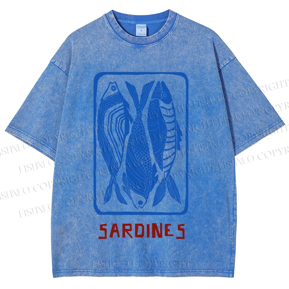 Unisex Vintage Style Sardines Fish Printed Washed Tee