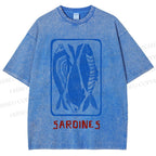 Unisex Vintage Style Sardines Fish Printed Washed Tee
