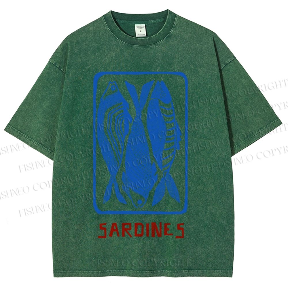 Unisex Vintage Style Sardines Fish Printed Washed Tee