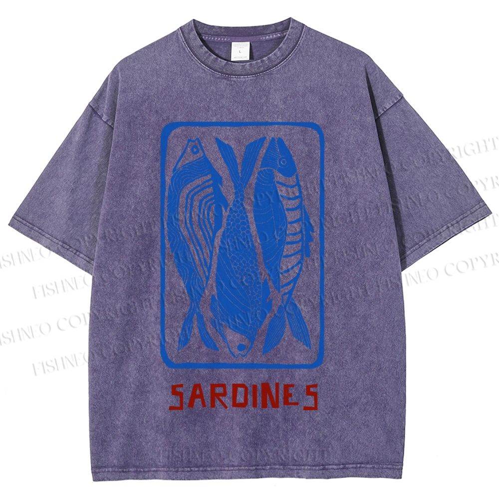 Unisex Vintage Style Sardines Fish Printed Washed Tee