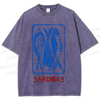 Unisex Vintage Style Sardines Fish Printed Washed Tee
