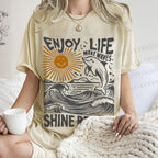 Unisex Vintage Enjoy Life Make Wave Shine Bright Graffiti Printed Washed Tee