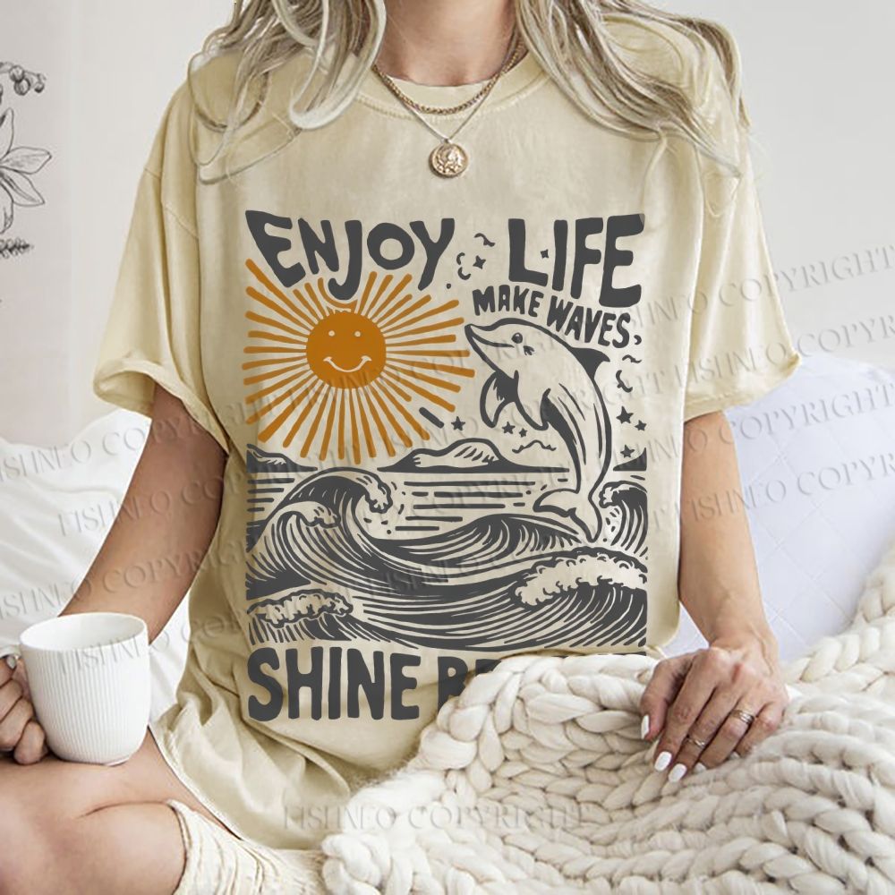 Unisex Vintage Enjoy Life Make Wave Shine Bright Graffiti Printed Washed Tee