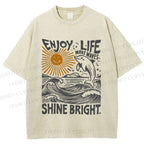 Unisex Vintage Enjoy Life Make Wave Shine Bright Graffiti Printed Washed Tee